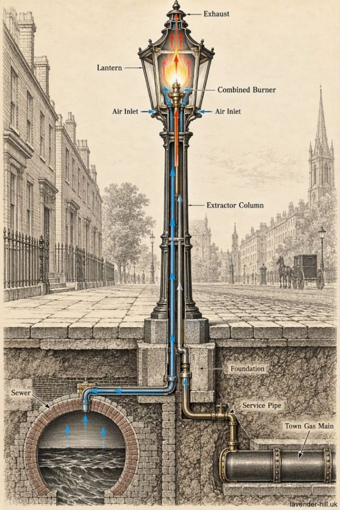A diagram illustrating the operation of James Webb's sewer gas destructor lamp